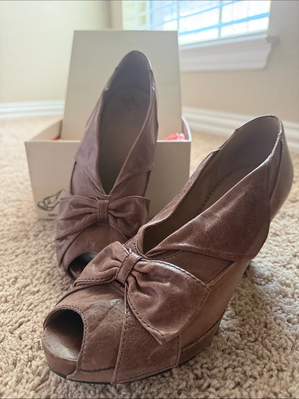 Women’s Brown Bow Peep-Toe Wedge Pumps from Miss Albright Specialty
